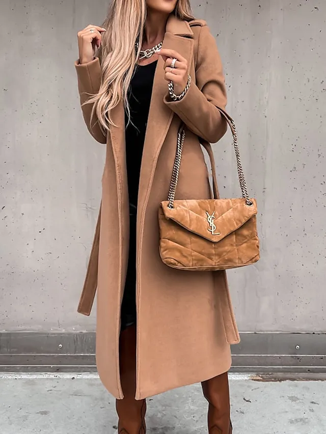 Women's Winter Coat Coat Daily Going out Fall Winter Long Coat Regular Fit Thermal Warm Casual Jacket Long Sleeve Solid Color Lace up Black White Khaki