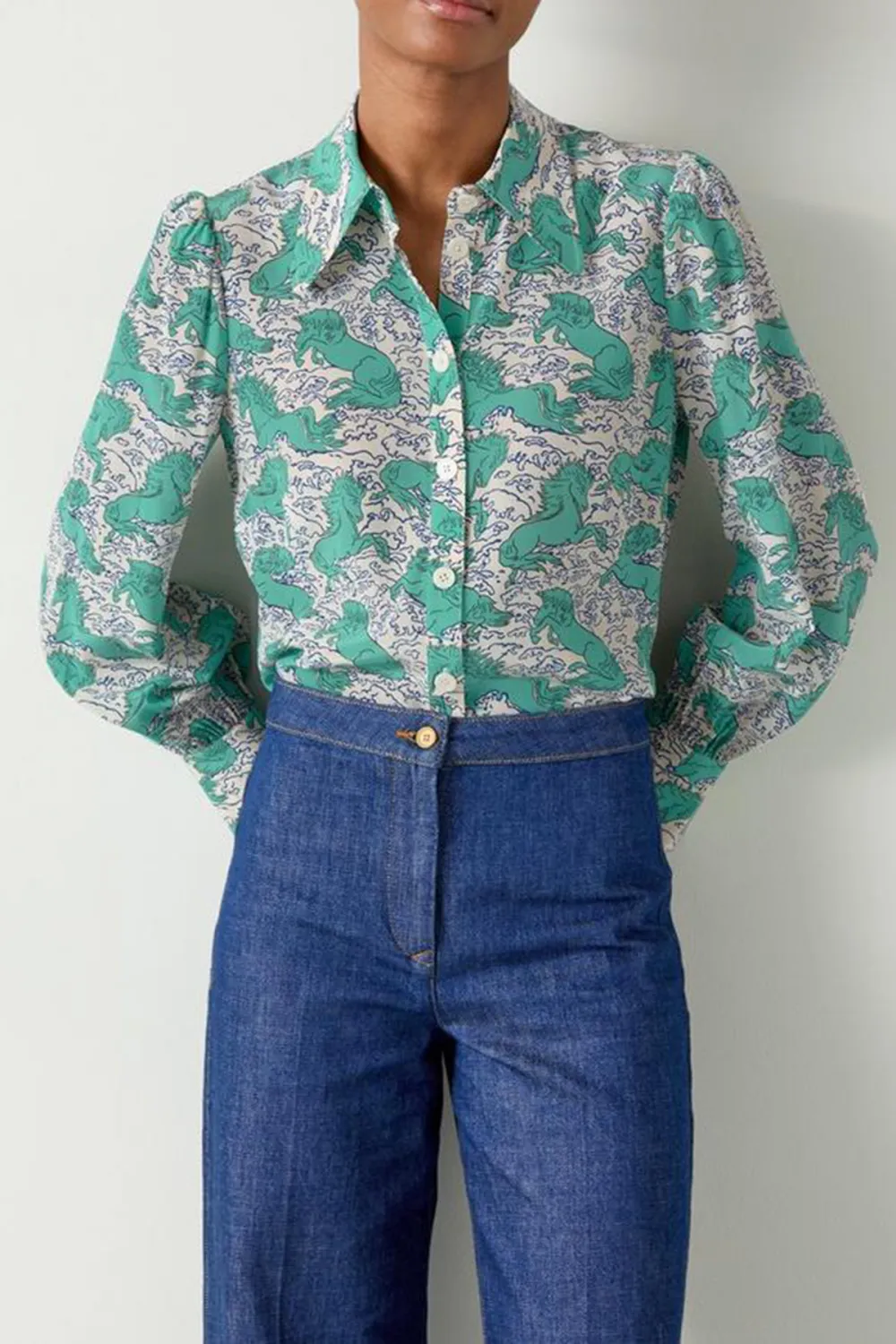 Green Printed Long Sleeve Button Down Shirt