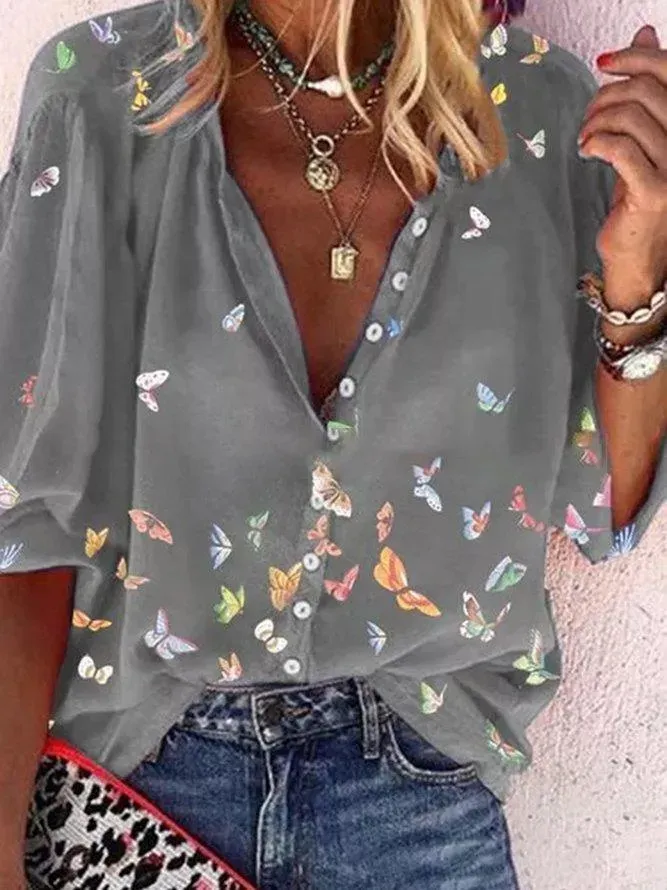 Plus Size Top Fashion Long Sleeve Lapel Shirt Butterfly Print Shirt