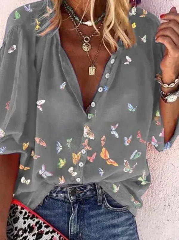 Plus Size Top Fashion Long Sleeve Lapel Shirt Butterfly Print Shirt