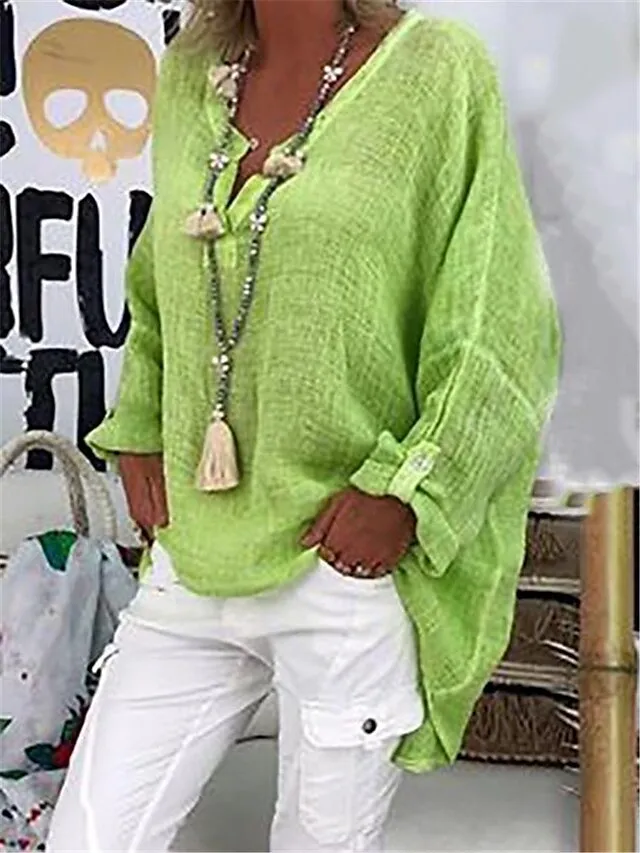 Women's Shirt Blouse Linen Black White Pink Plain Long Sleeve Casual Basic V Neck Regular Fit Spring Fall