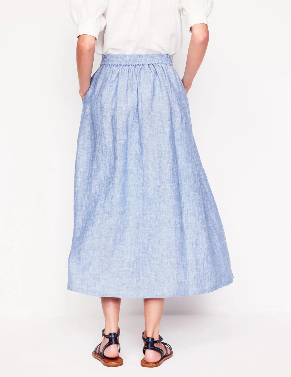 Linen Midi Skirt -Grey Blue Chambray