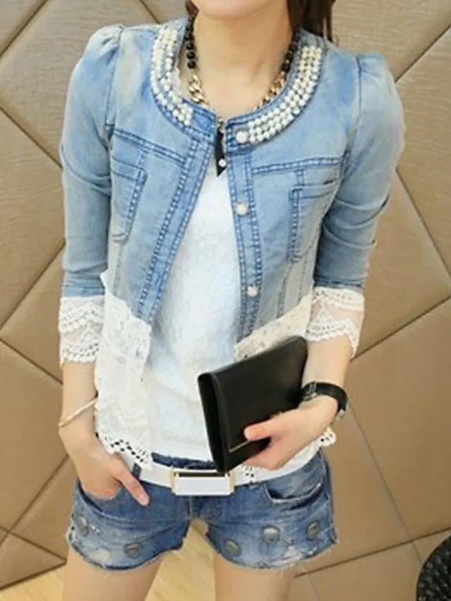 Women's Denim Jacket Spring Coat Lace Regular Fit Elegant Jacket Long Sleeve Solid Color Breathable Streetwear Pocket Blue Beaded Outdoor Street Daily