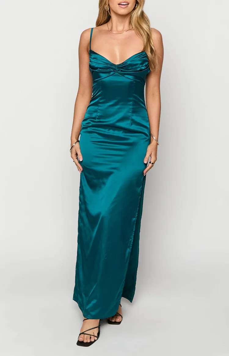 Ruched Spaghetti Strap Teal Maxi Dress