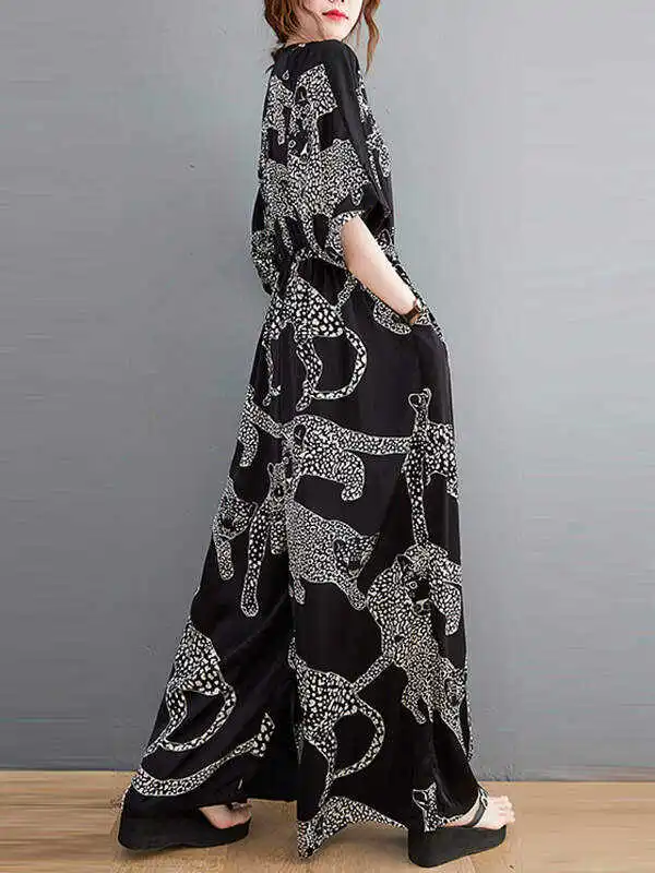 Vintage Original Floral Leopard Printed Split-Joint Tied V-Neck Half Sleeves Wide Leg Jumpsuits