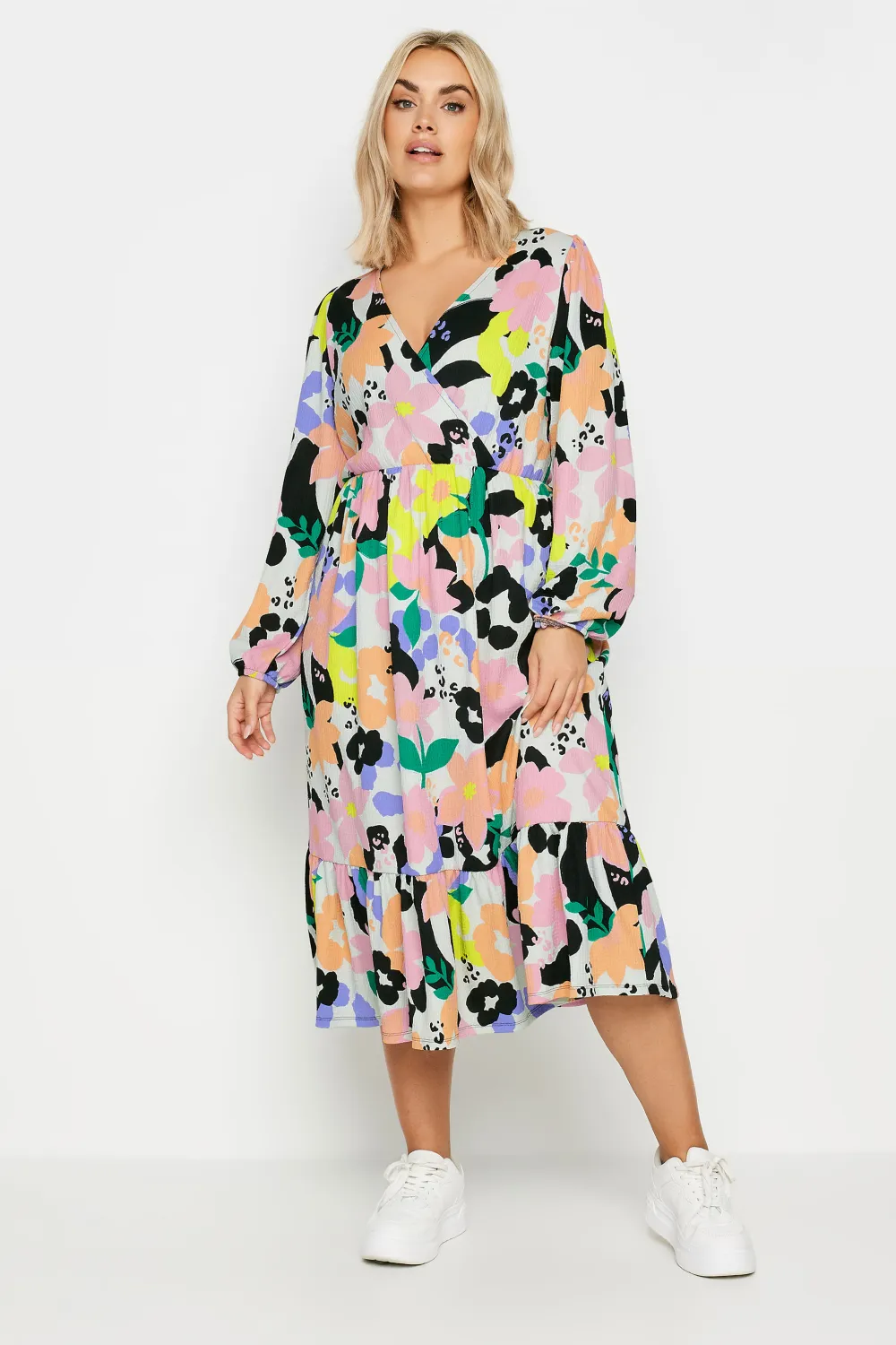 YOURS Curve White Floral & Leopard Print Textured Wrap Dress