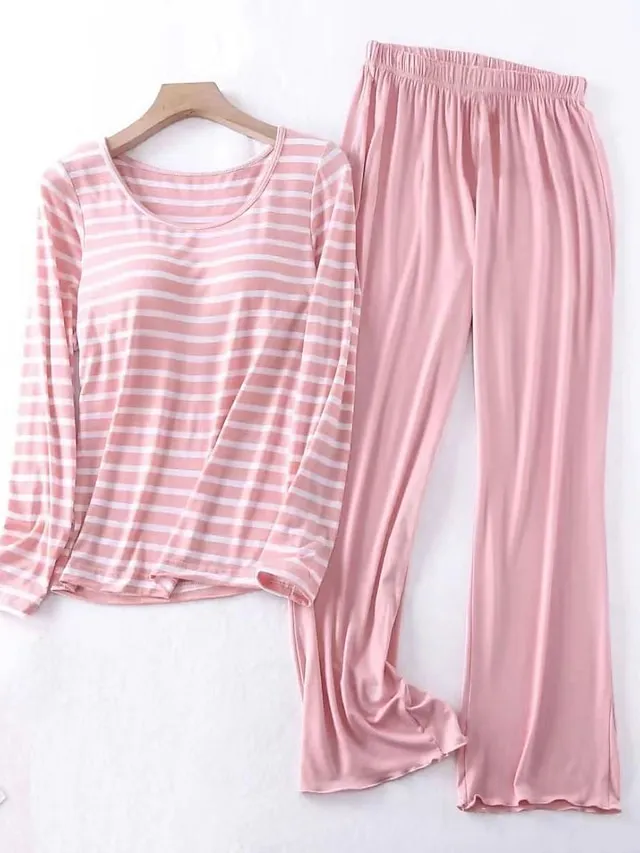 Women's Loungewear Sets 2 Pieces Stripe Fashion Casual Comfort Street Daily Date Polyester Breathable Crew Neck Long Sleeve Pant Summer Spring Black Pink
