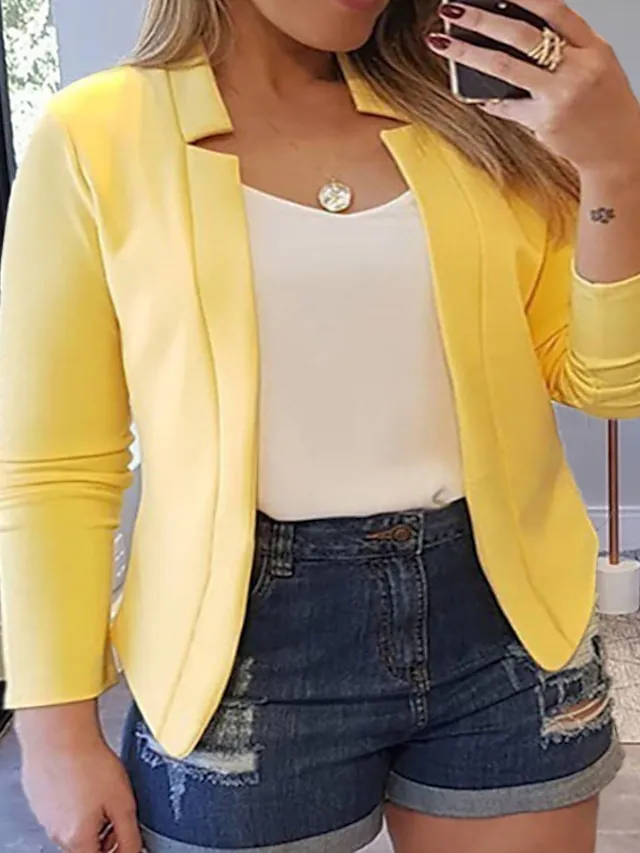 Women's Plus Size Blazer Solid Color Formal Office Long Sleeve Collarless Regular Winter Fall Black Pink Yellow XL XXL 3XL 4XL 5XL