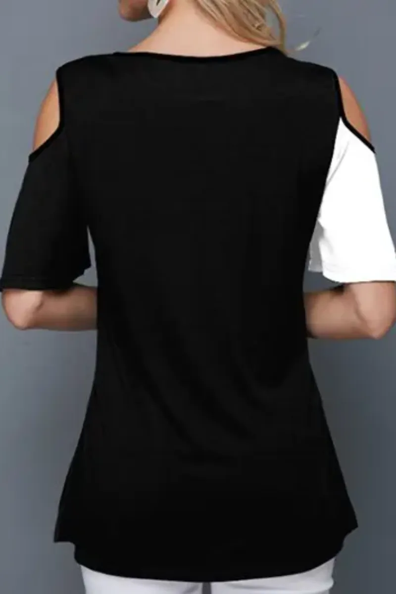 Leaf Flower Print T Shirt Cold Shoulder Short Sleeve Summer Casual Tee