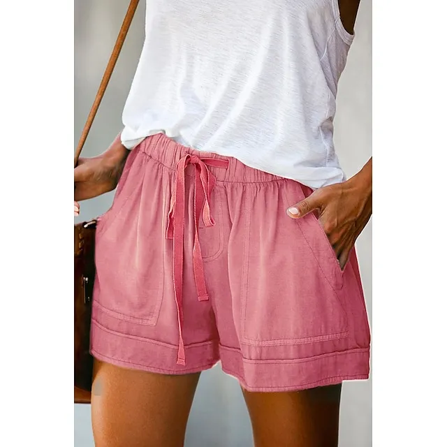 Women‘s Shorts Drawstring Pocket Plain Daily Regular Summer Green Black Pink Orange Red