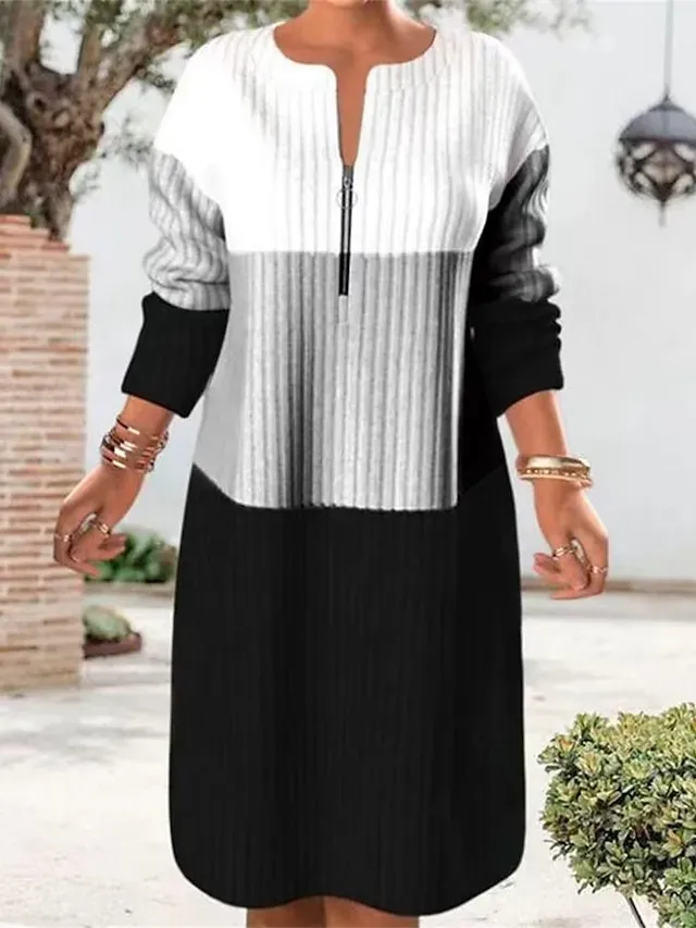 Women's Sweater Dress Jumper Dress Winter Dress Midi Dress Knitwear Fashion Streetwear Color Block Outdoor Street Daily Vacation V Neck Long Sleeve Print Zipper 2023 Loose Fit Black Pink Peach M L XL