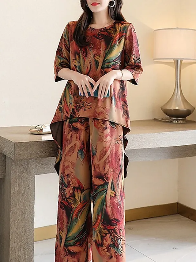 Women's Loungewear Sets Flower Fashion Casual Comfort Street Daily Date Polyester Breathable Crew Neck Short Sleeve T shirt Tee Pant Pocket Summer Spring Light Green Red