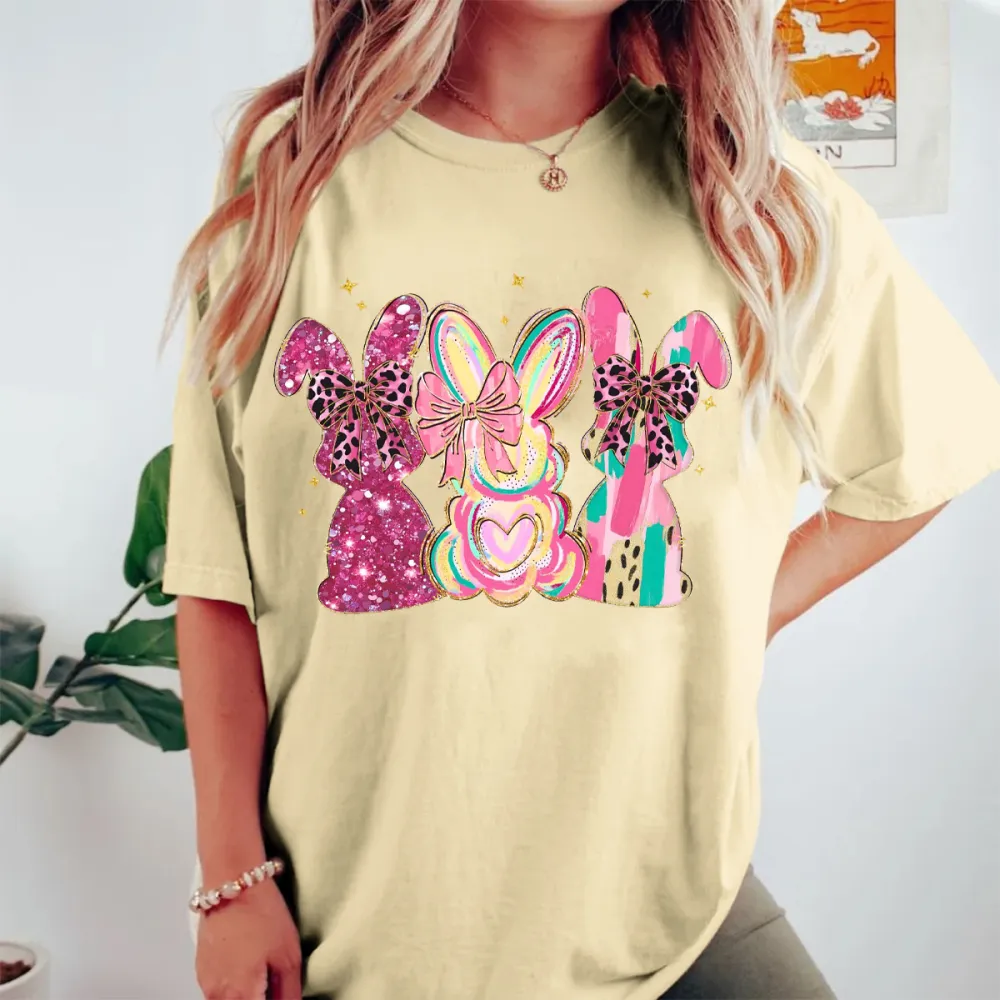 T-shirt Pink Leopard Sequined Bow Easter Bunny Women Printed Round Neck Short Sleeve