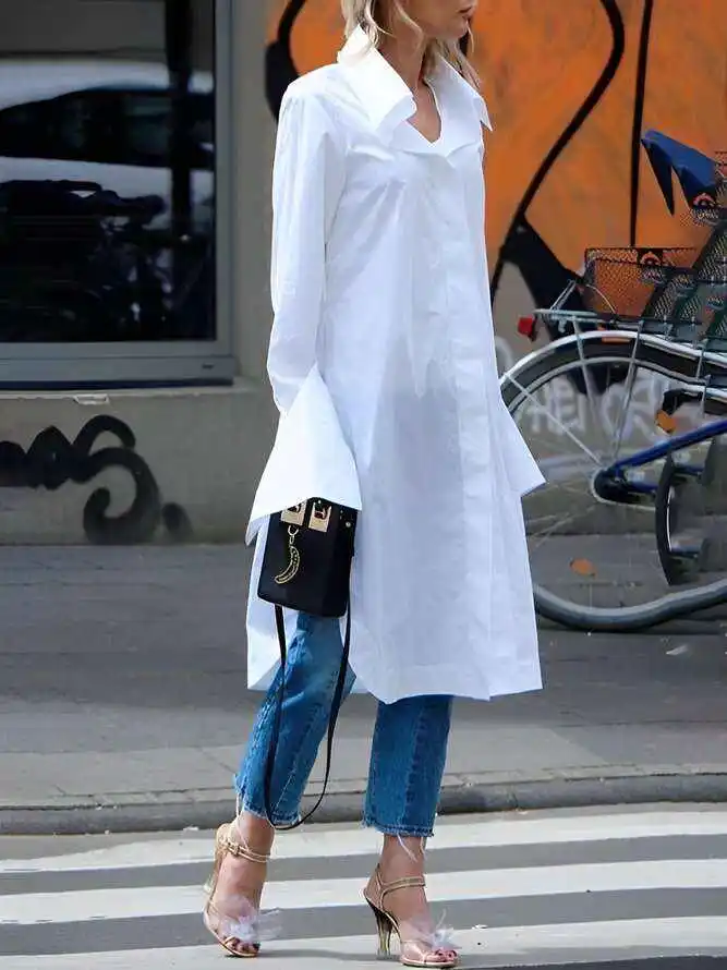 Casual Flared Sleeves Long Sleeves Split-Side Solid Color Lapel Collar Blouses Shirt Dress