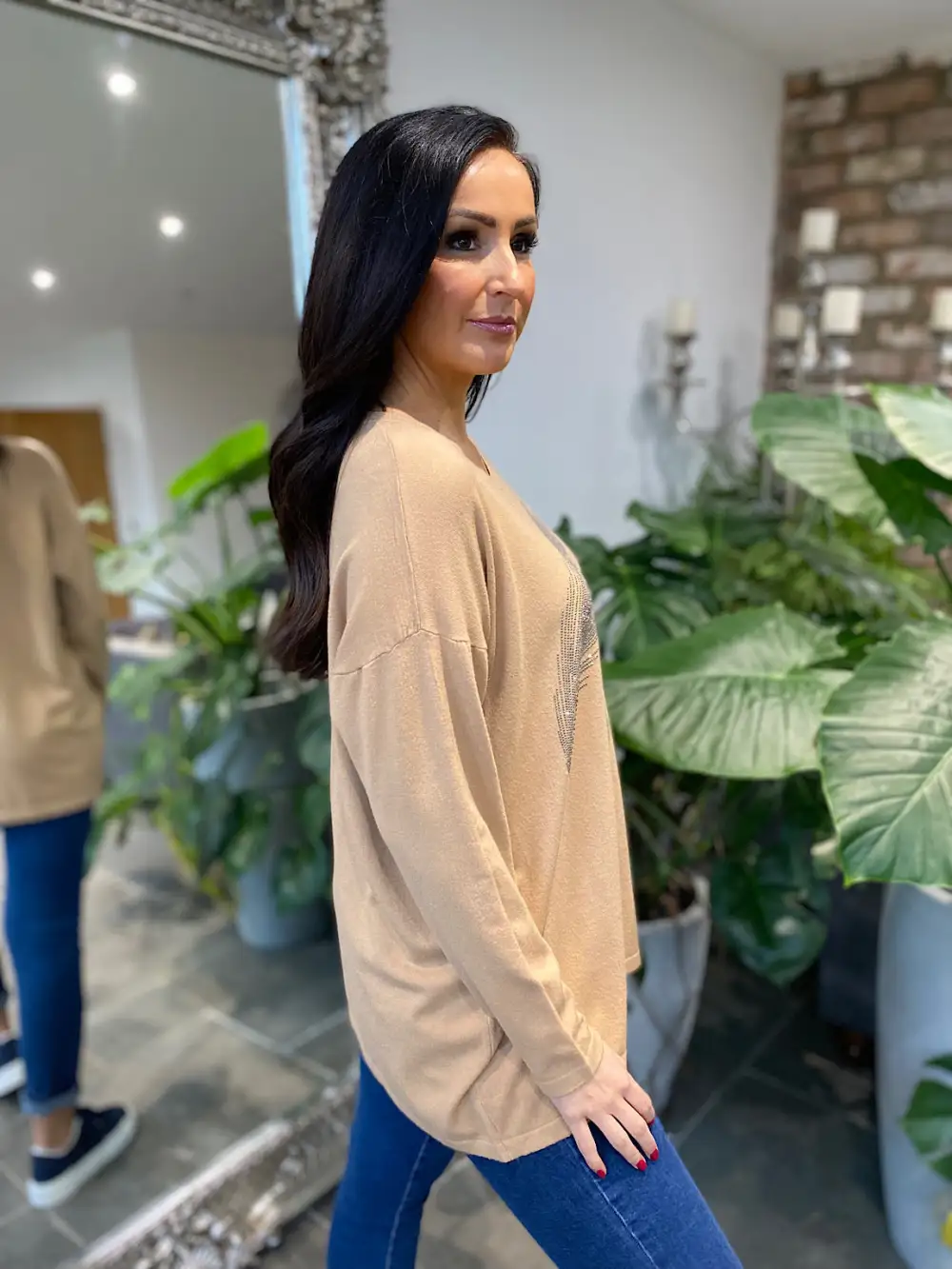 Camel Diamante Feather Knit Rosie