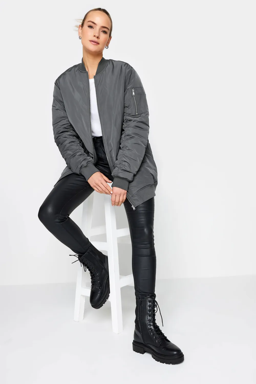 LTS Tall Grey Padded Longline Bomber Jacket