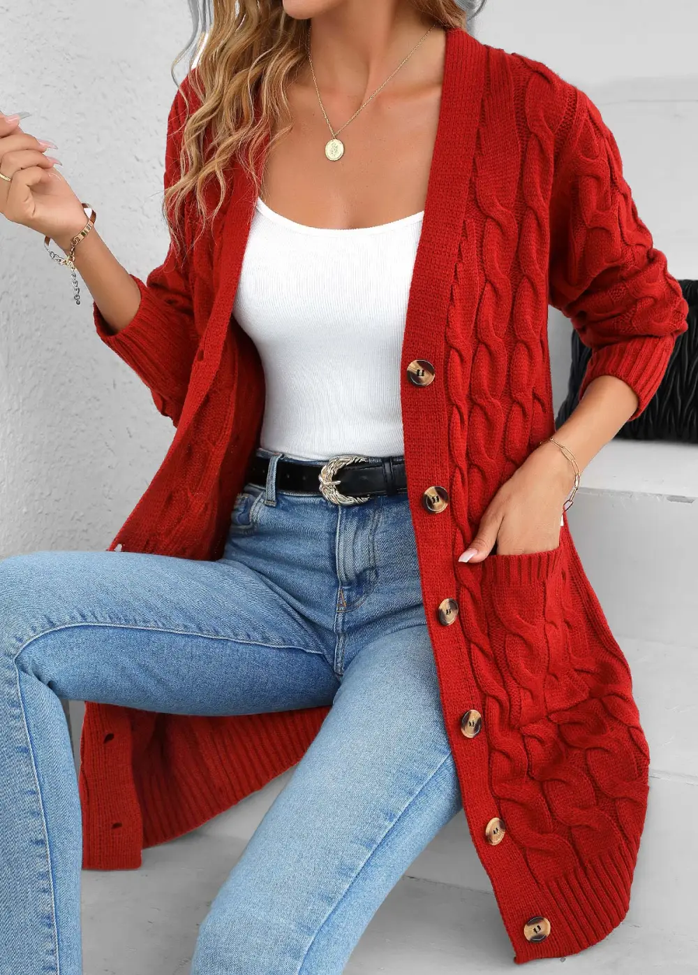 Red Pocket Long Sleeve V Neck Cardigan