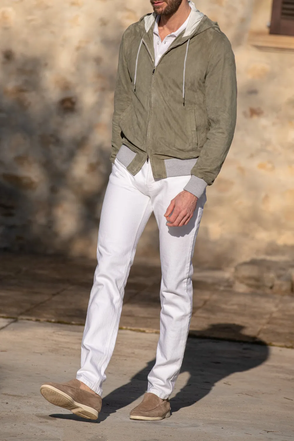 Sage Suede Hooded Bomber Jacket