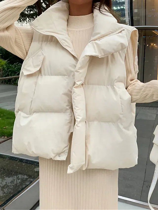 Women's Puffer Vest Long Sleeveless Parka Warm Heated Quilted Gilet Winter Coat Zipper Stand Collar Jacket with Pocket Outerwear Black White S M L XL