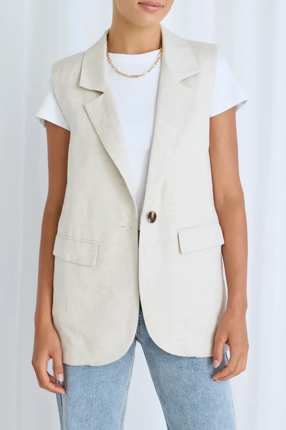 Beige Linen Sleeveless Vest