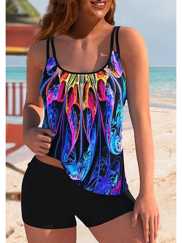 Women's Swimwear Tankini 2 Piece Plus Size Swimsuit 2 Piece Graphic Light Blue Yellow Blue Purple Rainbow Tank Top High Neck Bathing Suits Sports Summer
