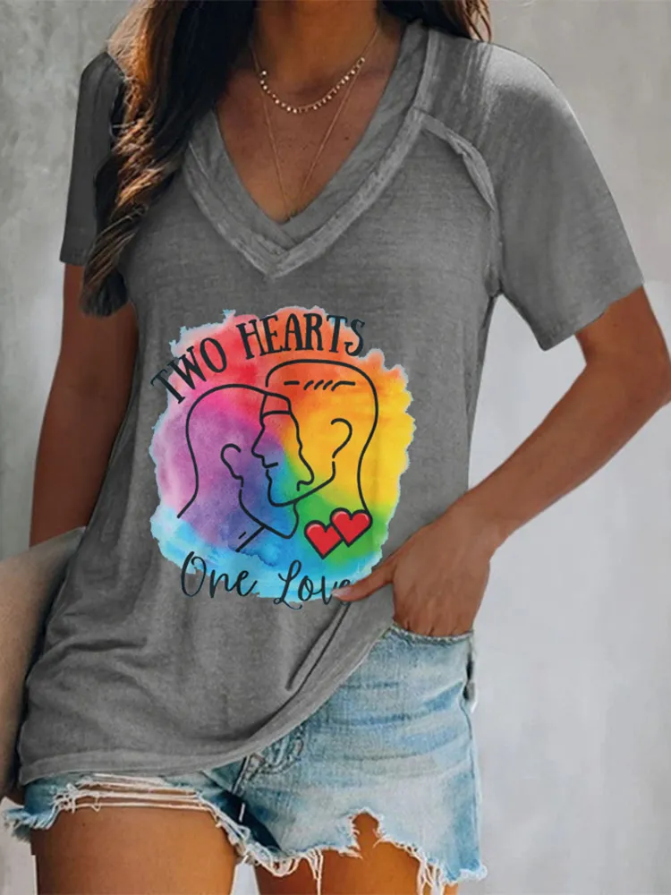 Women'S Two Hearts One Love V-Neck Short-Sleeved T-Shirt