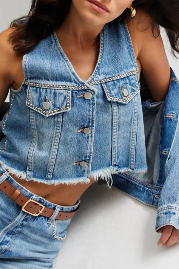 Blue Fashionable Frayed Denim Studs Tank Tops