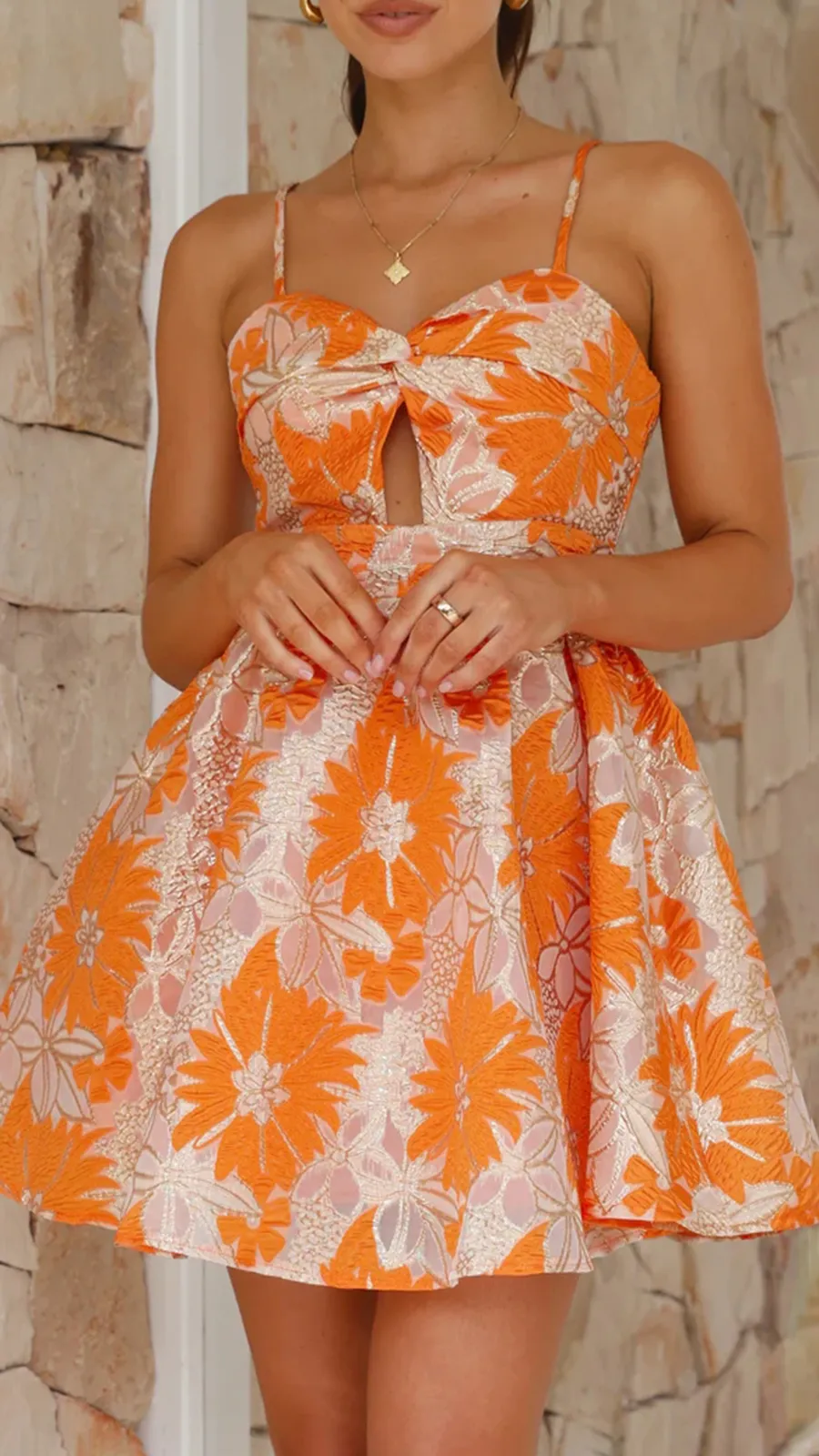 Floral Print Design Mini Dress - Orange