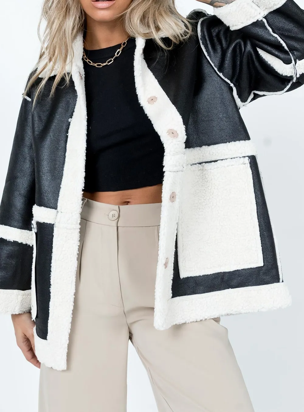 Contrast Panel Faux Leather Shearling Jacket