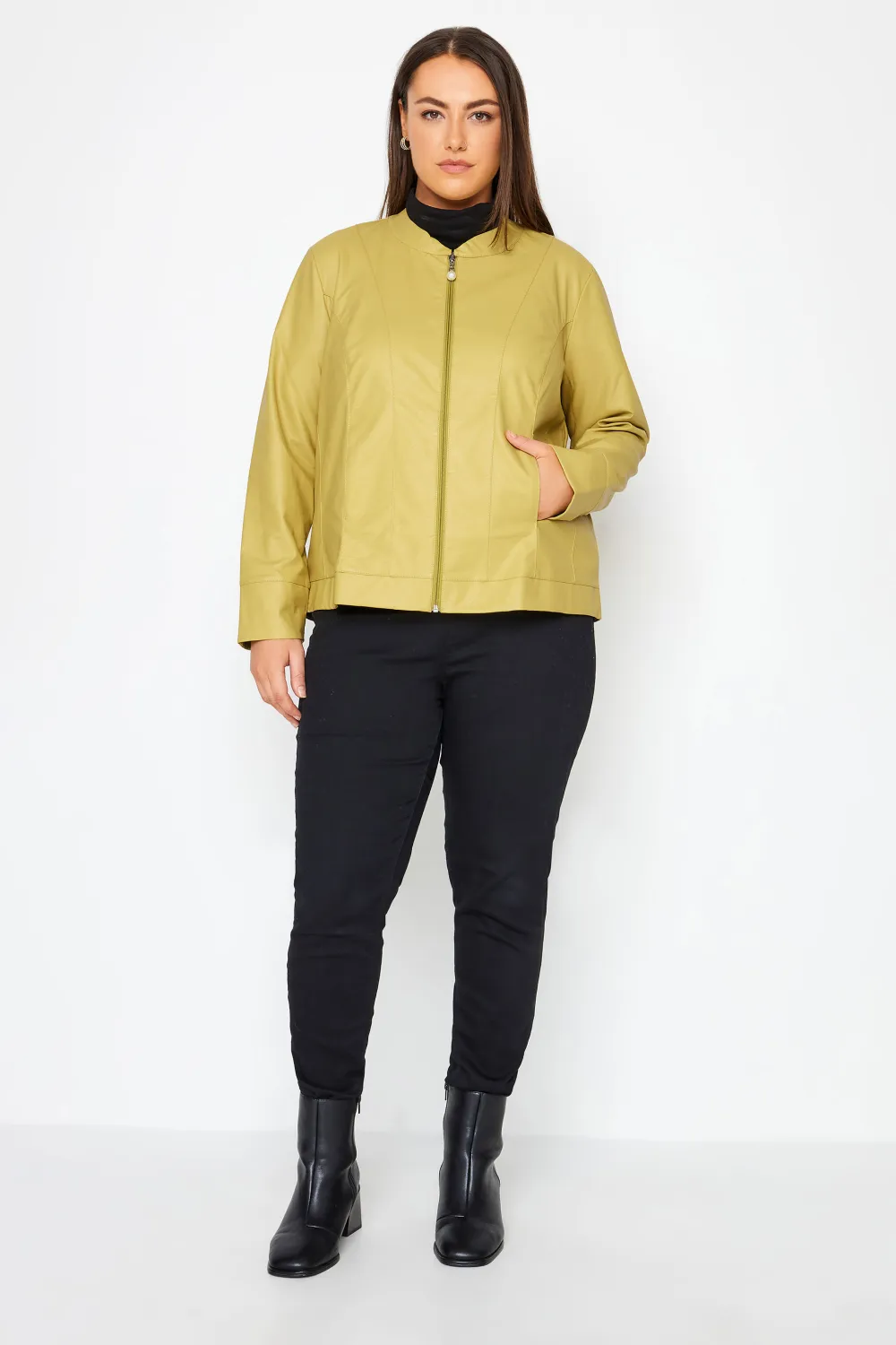 Evans Mustard Yellow Faux Leather Collarless Jacket