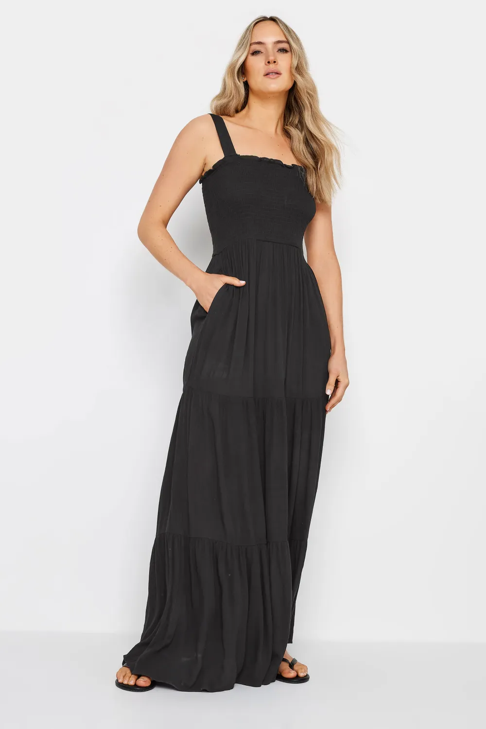 LTS Tall Black Shirred Tiered Maxi Dress