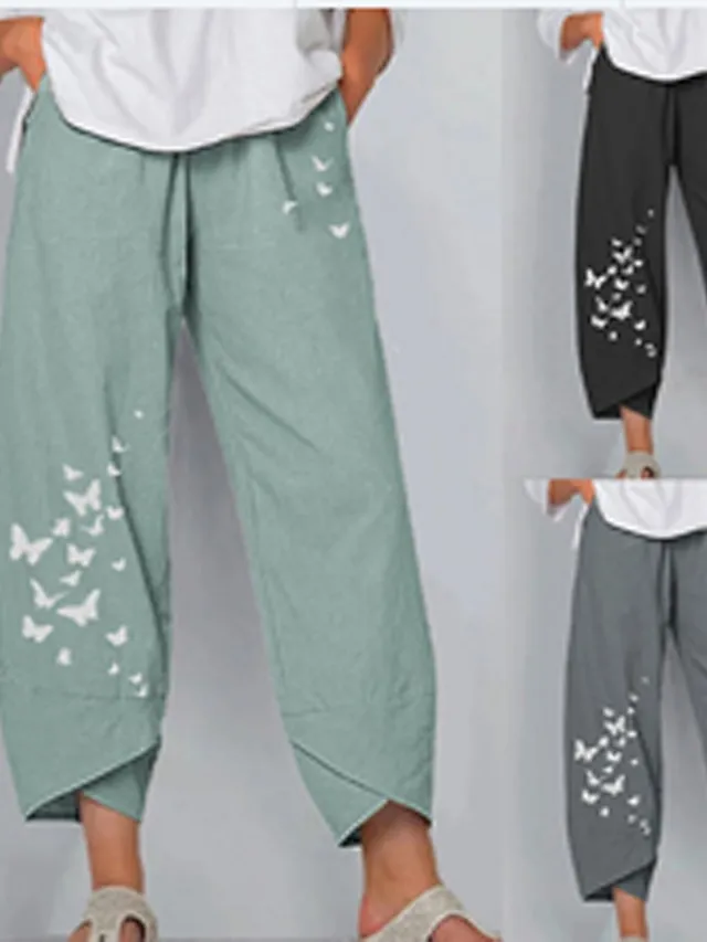 Women's Linen Pants Pants Trousers Capri shorts Ankle-Length Linen / Cotton Blend Baggy Print High Waist Chino Casual Going out Black / Red Light Green S M Spring &  Fall