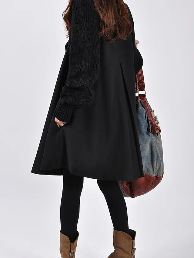 Women's Winter Coat Cloak / Capes Long Coat Winter Coat Single Breasted Thermal Warm Trench Coat Single Breasted Stand Collar Loose Fit Outerwear Long Sleeve Black