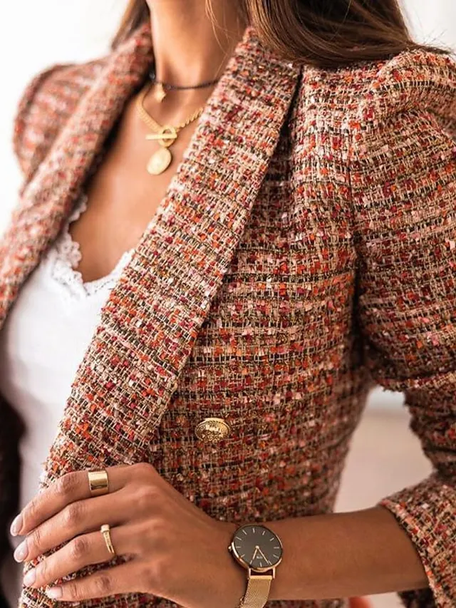 Women's Blazer Office Button Plaid Warm Fashion Regular Fit Outerwear Long Sleeve Winter Black S