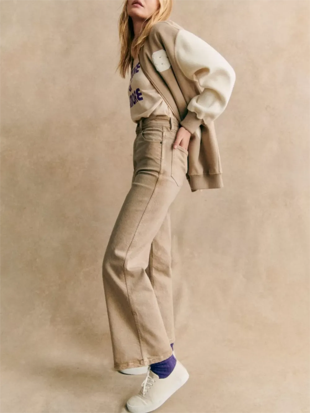 Beige Color Blocked Varsity Jacket