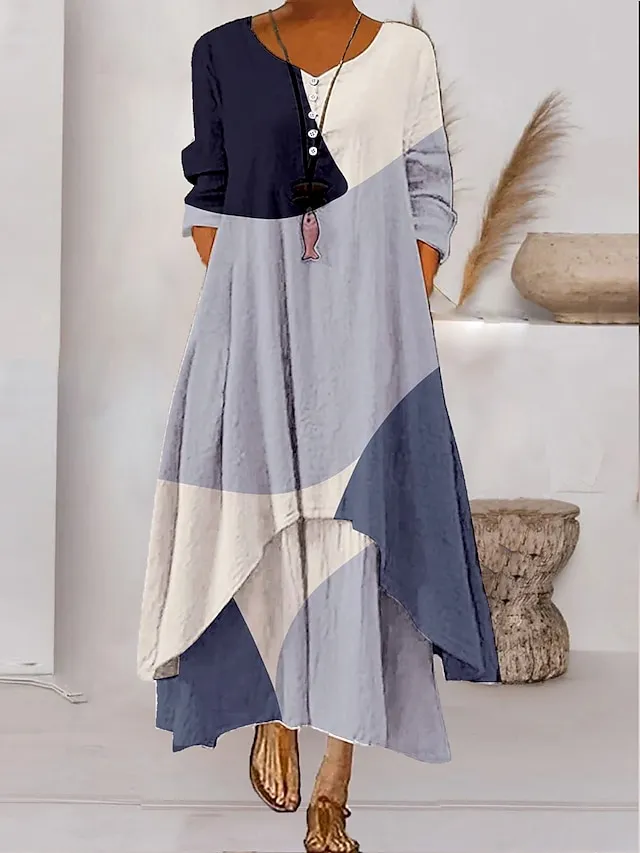 Women's Color Block Long Maxi Dress Button Layered Casual Dress Swing Dress Print Dress Fashion Modern Daily Vacation Weekend 3/4 Length Sleeve Crew Neck Dress Loose Fit Silver Black White