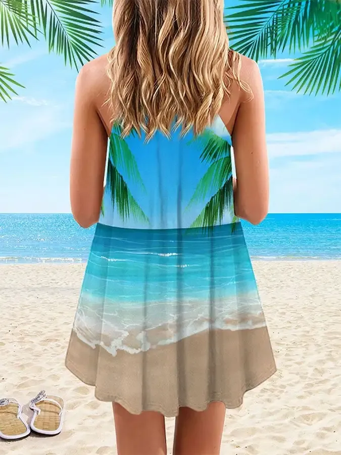 Vacation Sea Turtle Inhale Exhale Print Spaghetti Strap Dress Swimsuit Coverup
