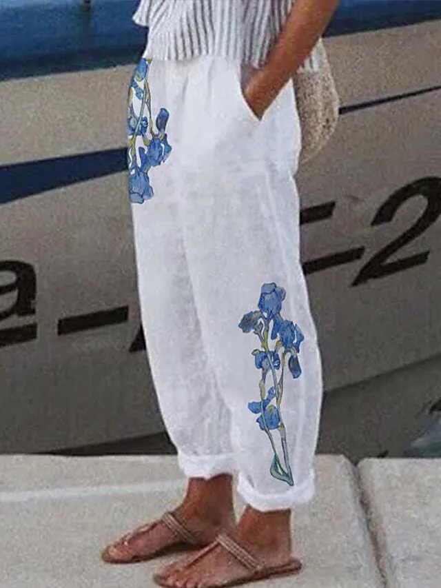 Women's Linen Pants Chinos Pants Trousers Full Length Faux Linen Side Pockets Baggy Micro-elastic Mid Waist Fashion Designer Casual Weekend White / Black White S M Summer Spring &  Fall