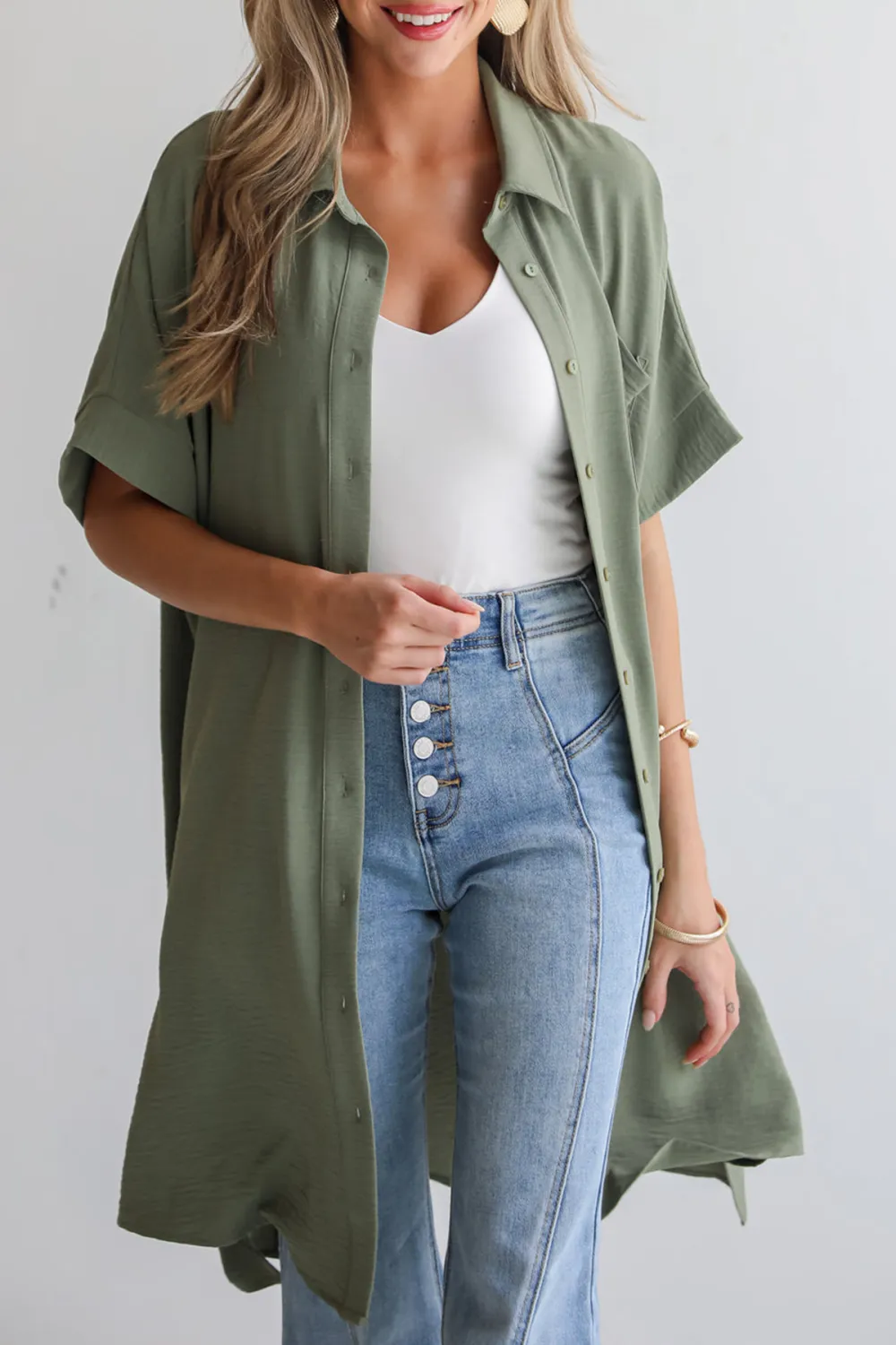 Composed Persona Green Button Front Midi Dress