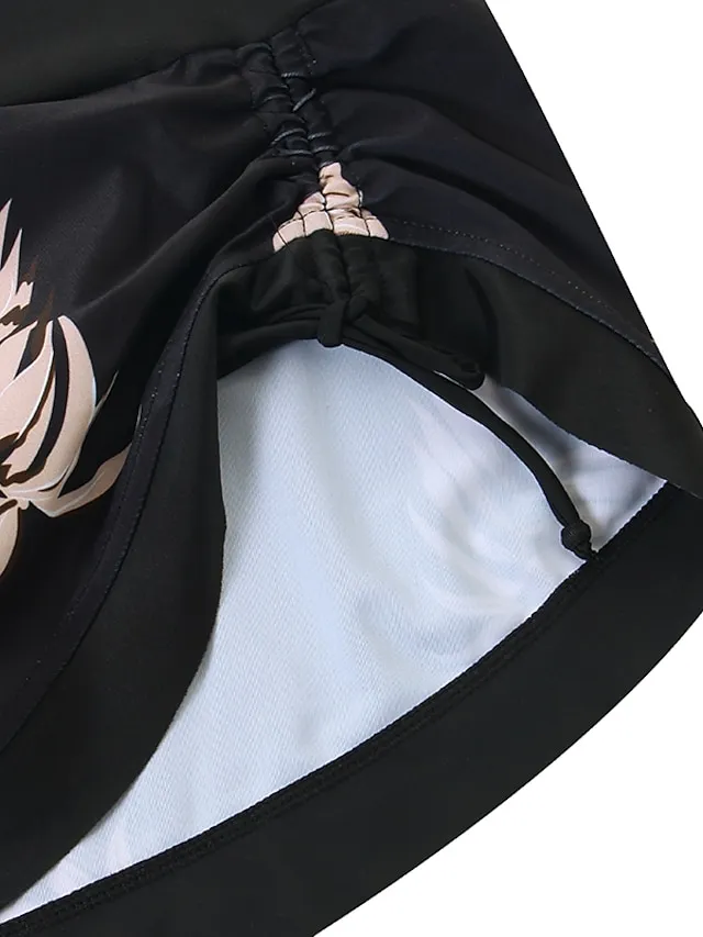 Women's Swimwear Tankini Swim Dress 2 Piece Plus Size Swimsuit Halter 2 Piece Modest Swimwear Open Back Printing Trees / Leaves Black Halter V Wire Bathing Suits New Vacation Fashion