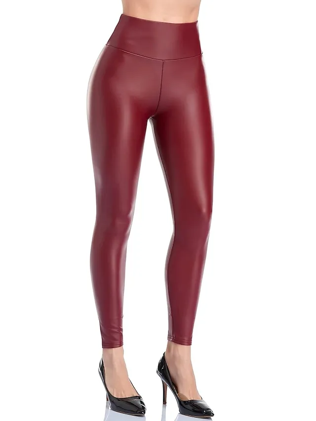 Women's Skinny Tights Leggings Ankle-Length PU Artificial Leather Stretchy High Waist Simple Classic Style Party Club Black Wine S M Winter Spring &  Fall