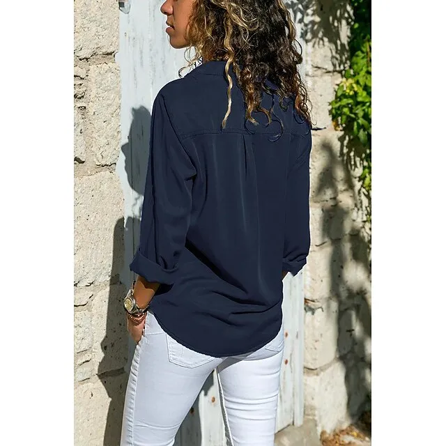 Women's Shirt Blouse Pocket Lapel Collor Long Sleeve Women‘s Clothing Solid Color Daily Basic