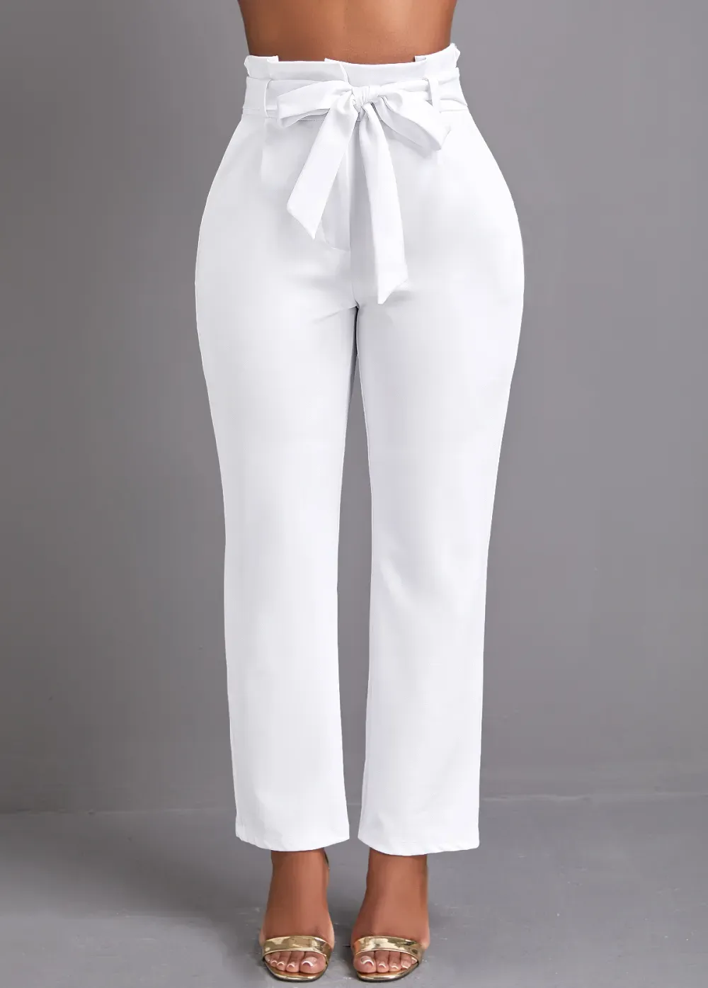 White Pocket Belted Zipper Fly High Waisted Pants