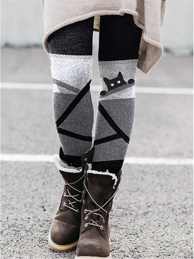 Women's Fleece Lined Leggings Warm Full Length Winter Leggings Print High Elasticity Mid Waist Fashion Designer Daily Black Green Black-White S M Winter