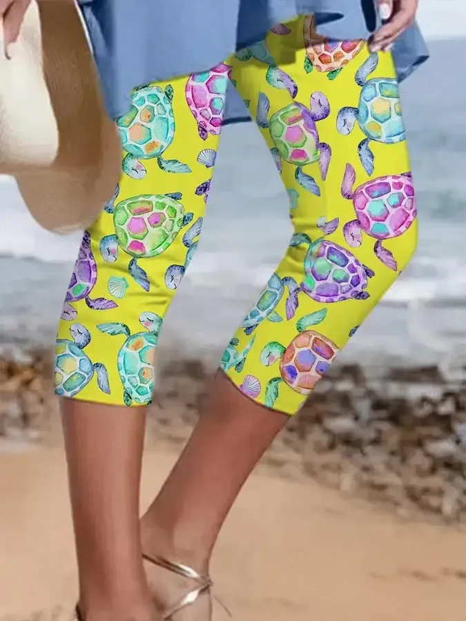 Vacation Watercolor Sea Turtle Print Leggings
