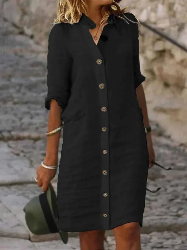 Women's Shirt Dress Casual Dress Cotton Linen Dress Midi Dress Cotton Blend Fashion Basic Outdoor Daily Shirt Collar Button Half Sleeve Summer Spring Fall 2023 Regular Fit Black White Green Plain S M