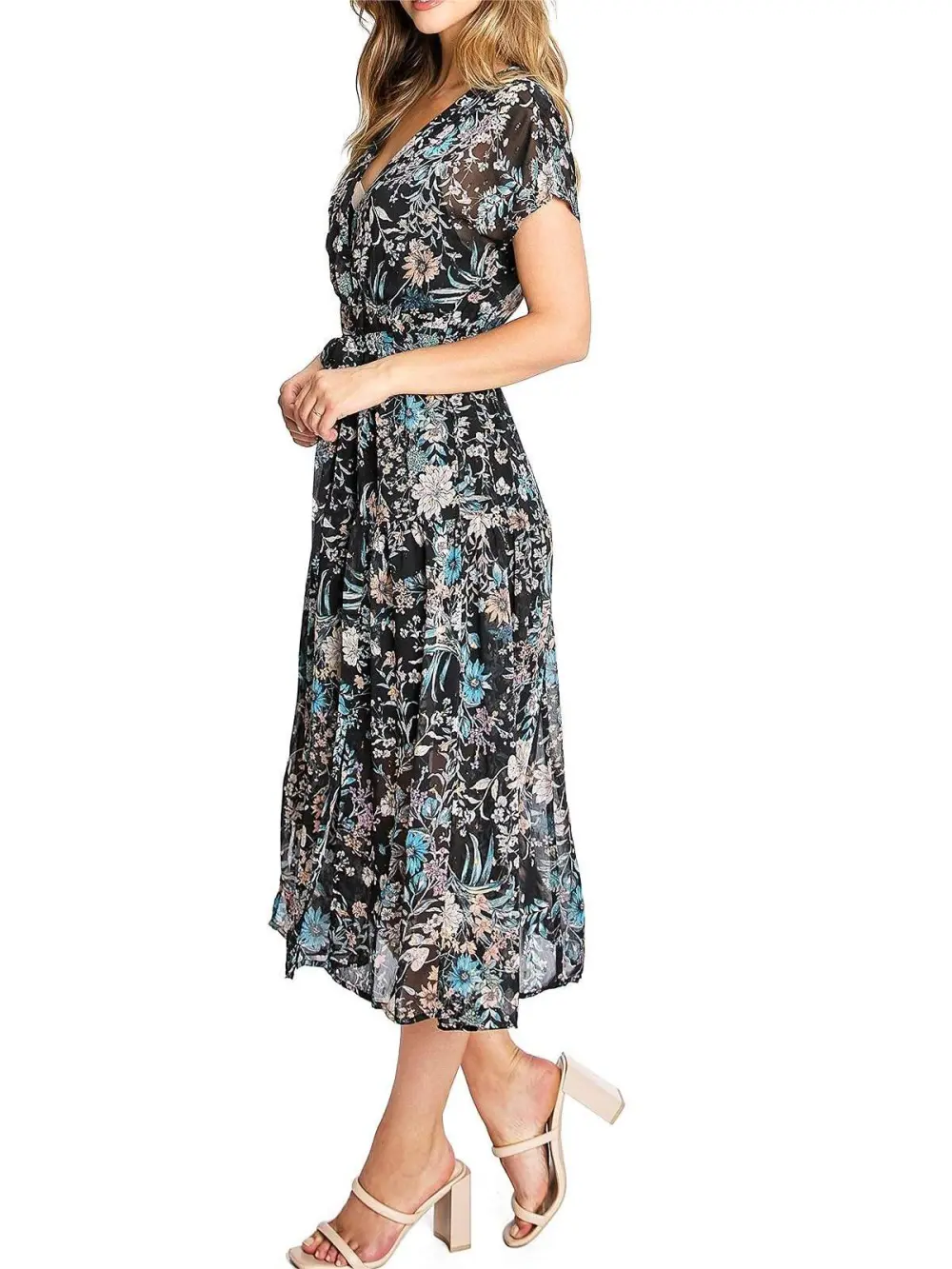 Black Floral Wrap - Style Midi Dress