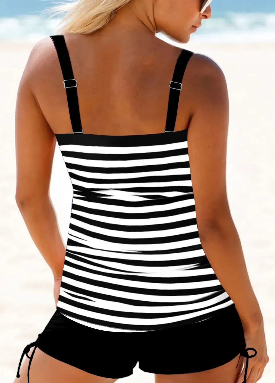 Drawstring Side Printed Wide Strap Tankini Set