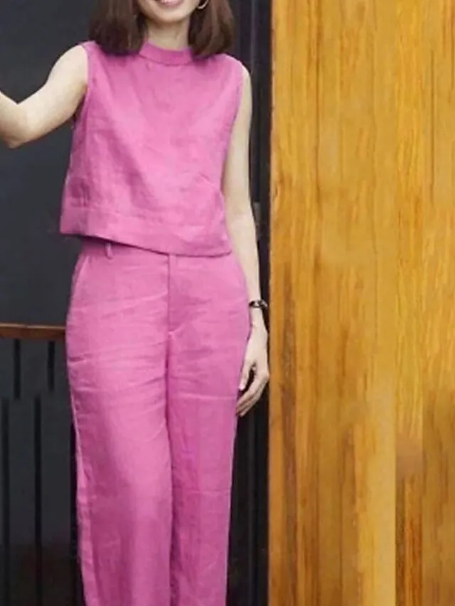 Women's Loungewear Sets Pure Color Fashion Casual Comfort Street Daily Date Cotton And Linen Breathable Stand Collar Sleeveless Tank Top Pant Summer Spring Blue Fuchsia