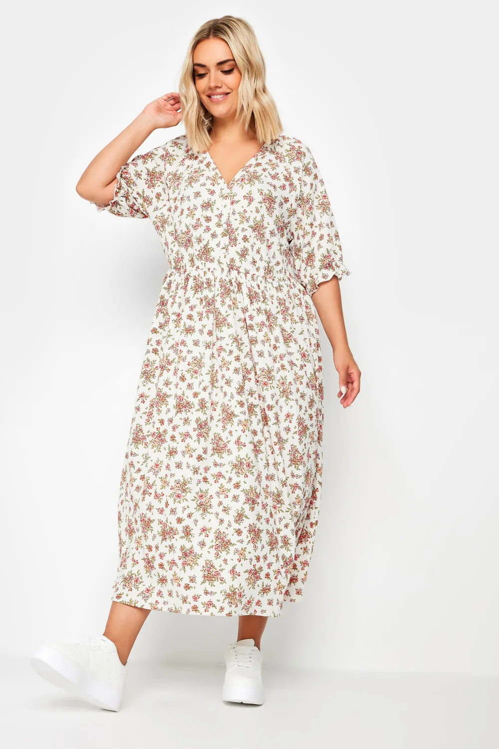 YOURS Curve White Vintage Floral Textured Midaxi Dress